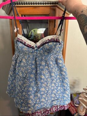 Blue Floral Babydoll Dress with Contrast Hem